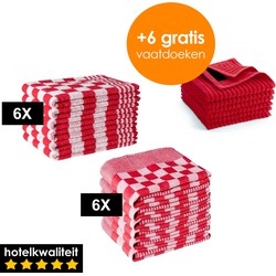 Zavelo 6x Theedoeken en 6x Keukendoeken Set + 6x GRATIS VAATDOEKJES - 6x Theedoeken - 6x Keukendoeken - Rood