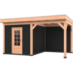 Douglas overkapping 500 x 300, met zwarte schuur en achterwand, Westwood Comfort Green