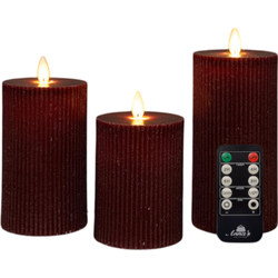 Stompkaars ribbel wax led bewegende vlam met afstandsbediening set van 3 d7.5h10/12.5/15 cm bordeaux