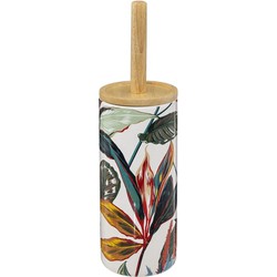 WC-/toiletborstel met houder rond wit met gekleurd tropisch blad patroon zandsteen/bamboe 38 cm - Toiletborstels