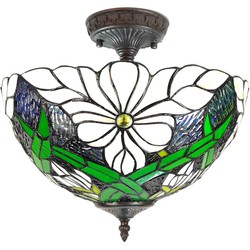 LumiLamp Plafondlamp Tiffany  Ø 36x35 cm Wit Groen Kunststof Glas Plafonniere