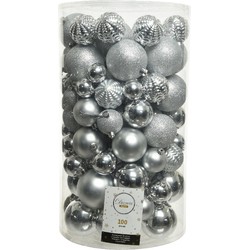 Decoris 100x stuks kunststof kerstballen zilver 4-5-6-7-8 cm - Kerstbal