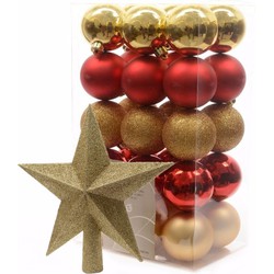 Kerstballen 30x stuks 6 cm rood-goud met ster piek goud kunststof - Kerstbal