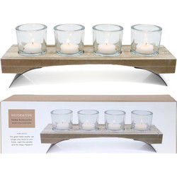 Theelichthouders - 5x - glas - houten standaard - 34,5 cm - tafel - Waxinelichtjeshouders