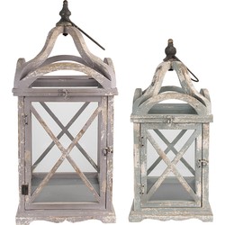 Clayre & Eef Lantaarn Set van 2  73/56 cm Grijs Hout Glas Kaarsenhouder