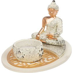 Boeddha beeld - goud - polystone - 12 x 15 x 9 cm - kaarsenhouder - Beeldjes