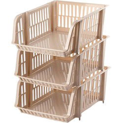Plasticforte Stapelbare opbergmand - 3x - Beige - 16L - kunststof - 38 x 28 x 15 cm - Opbergmanden