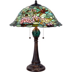 LumiLamp Tiffany Tafellamp  Ø 47x60 cm Groen Bruin Glas Driehoek Libelle Tiffany Bureaulamp