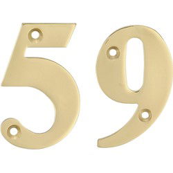 AMIG Huisnummer 59 - massief messing - 10cm - incl. bijpassende schroeven - gepolijst - goudkleur - Huisnummers