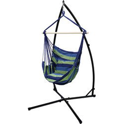 Hangstoel van katoen/hard hout, blauw/groen, belastbaar tot 120 kg met metalen frame 210 cm incl. twee kussens