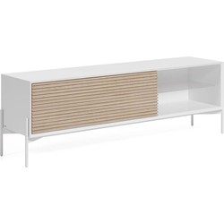 Kave Home - Marielle TV-meubel van essenhoutfineer met witte lak en wit afgewerkt metaal, 167 x 53 cm