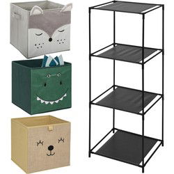 5Five Kastmandjes/opberg mandjes - 3x stuks van 29L - Dieren gezicht prints - In rekje 68 x 68 cm - Opbergmanden