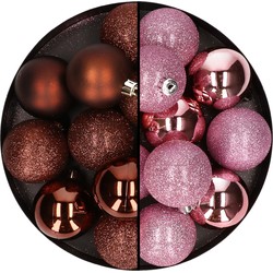 24x stuks kunststof kerstballen mix van donkerbruin en roze 6 cm - Kerstbal