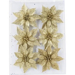 6x stuks decoratie bloemen rozen goud glitter op ijzerdraad 8 cm - Kunstbloemen