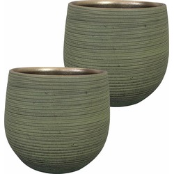 2x stuks plantenpot/bloempot keramiek donkergroen stripes relief - D26/H25 cm - Plantenpotten