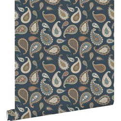 ESTAhome behang paisley donkerblauw, beige en mintgroen - 50 x 900 cm - 139285