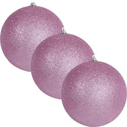 6x Roze grote kerstballen met glitter kunststof 13,5 cm - Kerstbal