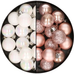 28x stuks kleine kunststof kerstballen lichtroze en parelmoer wit 3 cm - Kerstbal