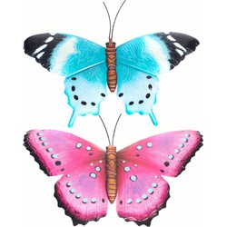 Set van 2x stuks tuindecoratie muur/wand vlinders van metaal in blauw en roze tinten 48 x 30 cm - Tuinbeelden