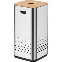 Luzzo® RVS wasmand Glanzend Verchroomd 50 liter met Bamboo Deksel