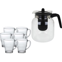 Glazen theepot met filter/infuser van 1,5 liter met 6x stuks theeglazen van 350 ml - Theepotten