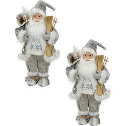 2x stuks kerstman decoratie poppen/kerstpoppen beeld staand grijs/zilver 46 cm - Kerstman pop