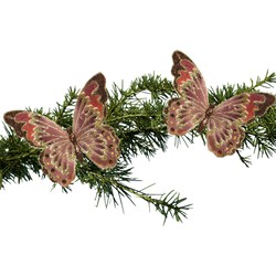 2x stuks kerstboom decoratie vlinders op clip glitter bruin 18 cm - Kersthangers