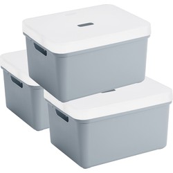 3x Sunware opbergbox/mand 32 liter blauwgrijs kunststof met transparante deksel - Opbergbox