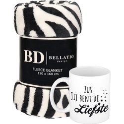 Cadeau zus set - Fleece plaid/deken zebra print met Zus jij bent de liefste mok - Plaids