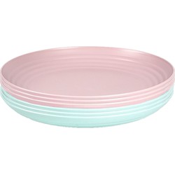 Setje van 16x stuks ronde kunststof borden groen en roze 25 cm - Campingborden