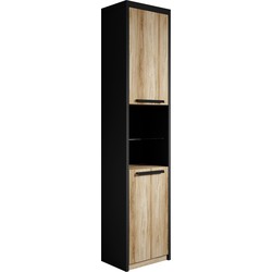 Badplaats Badkamerkast Adam 40 x 30 x 170 cm - Zwart met Eiken - Staande Badkamerkast Hoog met 2 Deuren