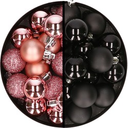 36x stuks kunststof kerstballen roze en zwart 3 en 4 cm - Kerstbal