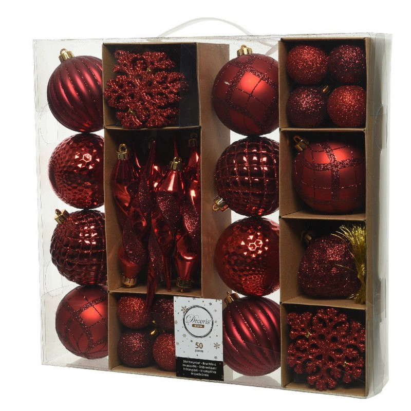 50x Kunststof mix rood 4-8-15 cm kerstboom - Kerstbal - Decoris - HomeDeco.nl