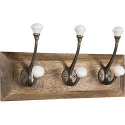 Clayre & Eef Wandkapstok 3 haken  30x8x10 cm Bruin Wit Hout Ijzer Rechthoek