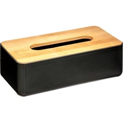 Tissuedoos/tissue box zwart kunststof met bamboe deksel 26 x 13 cm - Tissuehouders