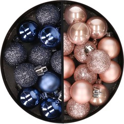 34x stuks kunststof kerstballen donkerblauw en lichtroze 3 cm - Kerstbal