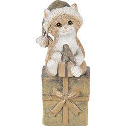 Clayre & Eef Beeld Kat 5x4x10 cm Bruin Wit Polyresin Kerstdecoratie