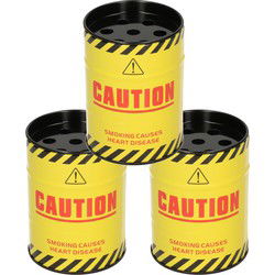 Set van 3x stuks asbak olievat geel Caution 10 cm - Asbakken