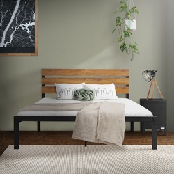 Metalen bed Bedframe met lattenbodem 140x200 cm zwart met houten hoofdbord & voeteneind ML design