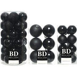 59x stuks kunststof kerstballen zwart 4, 6 en 8 cm glans/mat/glitter mix - Kerstbal