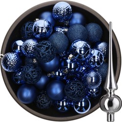 37x stuks kunststof kerstballen 6 cm kobalt blauw incl. glazen piek glans zilver - Kerstbal