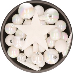 33x stuks kunststof kerstballen met piek 5-6-8 cm parelmoer wit incl. haakjes - Kerstbal