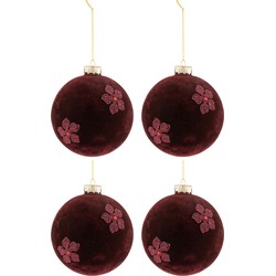 J-line - Doos Van 4 Kerstballen Bloemen Fluweel Glas Burgundy Large - 12x12x12cm