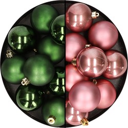 24x stuks kunststof kerstballen mix van oudroze en donkergroen 6 cm - Kerstbal