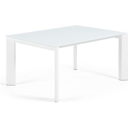 Kave Home - Axis uitschuifbare tafel in wit glas en wit stalen poten 160 (220) cm