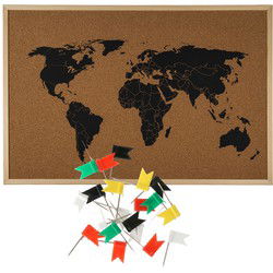 Prikbord wereldkaart met 20x punaise vlaggetjes - 60 x 40 cm - kurk - Prikborden