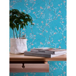 Livingwalls behang bloemmotief blauw, roze en wit - 53 cm x 10,05 m - AS-387393