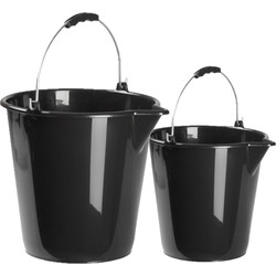 Kunststof emmers set van 9 en 12 liter inhoud met schenktuit zwart - Emmers