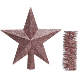 Kerstversiering kunststof glitter ster piek 19 cm en folieslingers pakket oud roze van 3x stuks - kerstboompieken