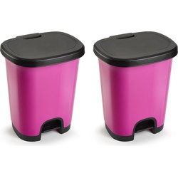 Set van 2x stuks kunststof afvalemmers/vuilnisemmers fuchsia roze/zwart van 27 liter met pedaal - Pedaalemmers